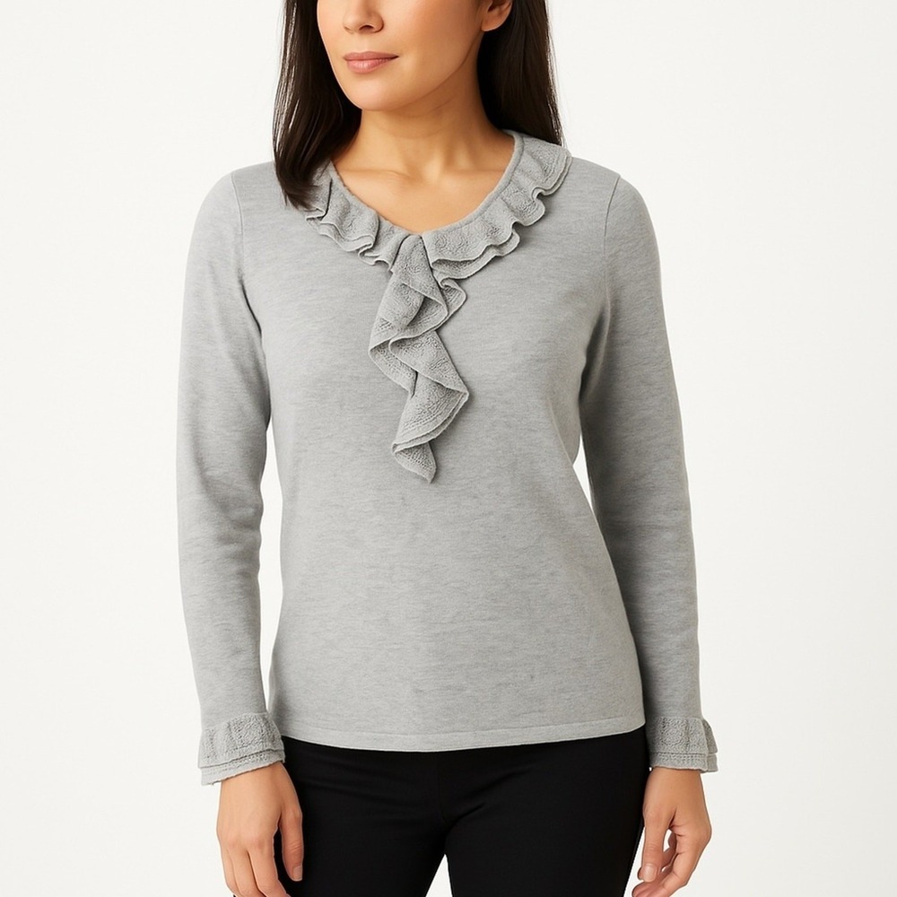 August Silk Sweater Women's Petite M Grey Long Sleeve Ruffle Professional Office